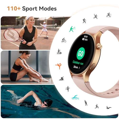 aeac Smart Watch for Women, AMOLED Ultra-Clear Screen Activity Trackers with Heart Rate/Sleep/SpO2 Monitor, Waterproof Fitness Smartwatch for iPhone/Samsung/Android（Pink Gold）