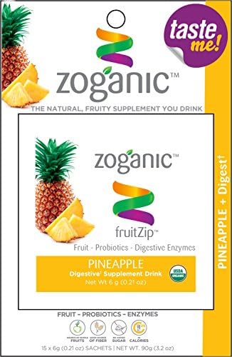 Zoganic Herbal Supplement Drink Mix for Digestive Support–Organic Probiotics &amp; Enzymes, Ginger, Papaya Straight from the Fruit with Pineapple Flavor – 1 Powder Packet