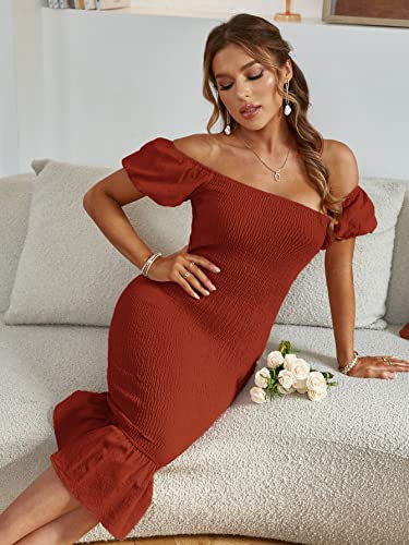 BERRYGO WOMEN’S SMOCKED BODYCON OFF SHOULDER PUFF SHORT SLEEVE MERMAID DRESS RUFFLE SHIRRED PARTY COCKTAIL PENCIL MIDI DRESS BURGUNDY XL