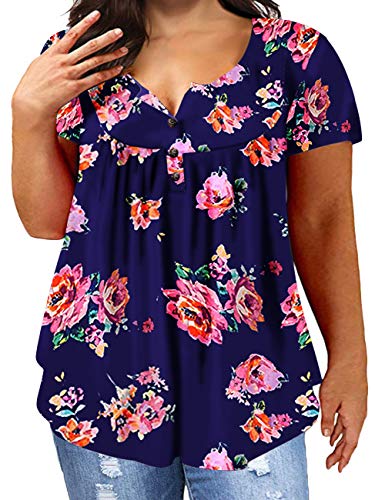 Women's Plus Size Tops Floral Print Henley Shirt Buttons Up Blouses Tunic H 14W