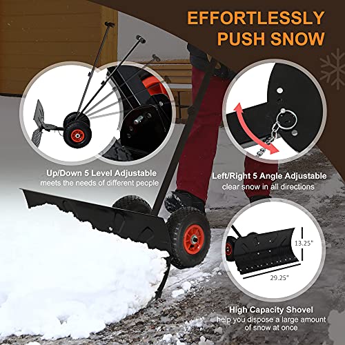 Outsunny Snow Shovel with Wheels, HeavyDuty Metal Snow Pusher