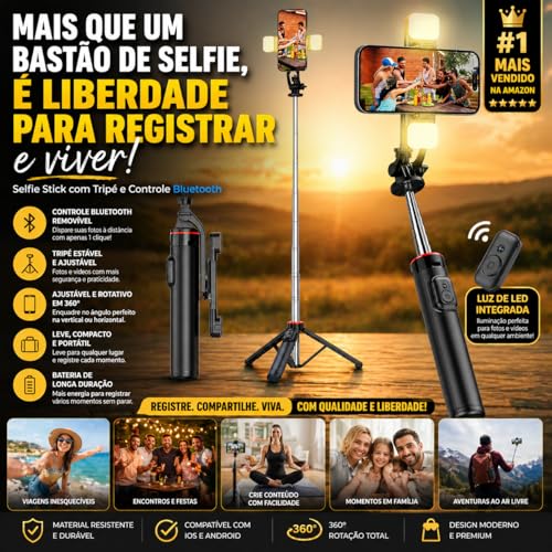 Bastão Pau de Selfie Tripé para Celular com iluminação Bluetooth Controle Remoto Portátil Retrátil para iOS e Android (Preto) H'MASTON