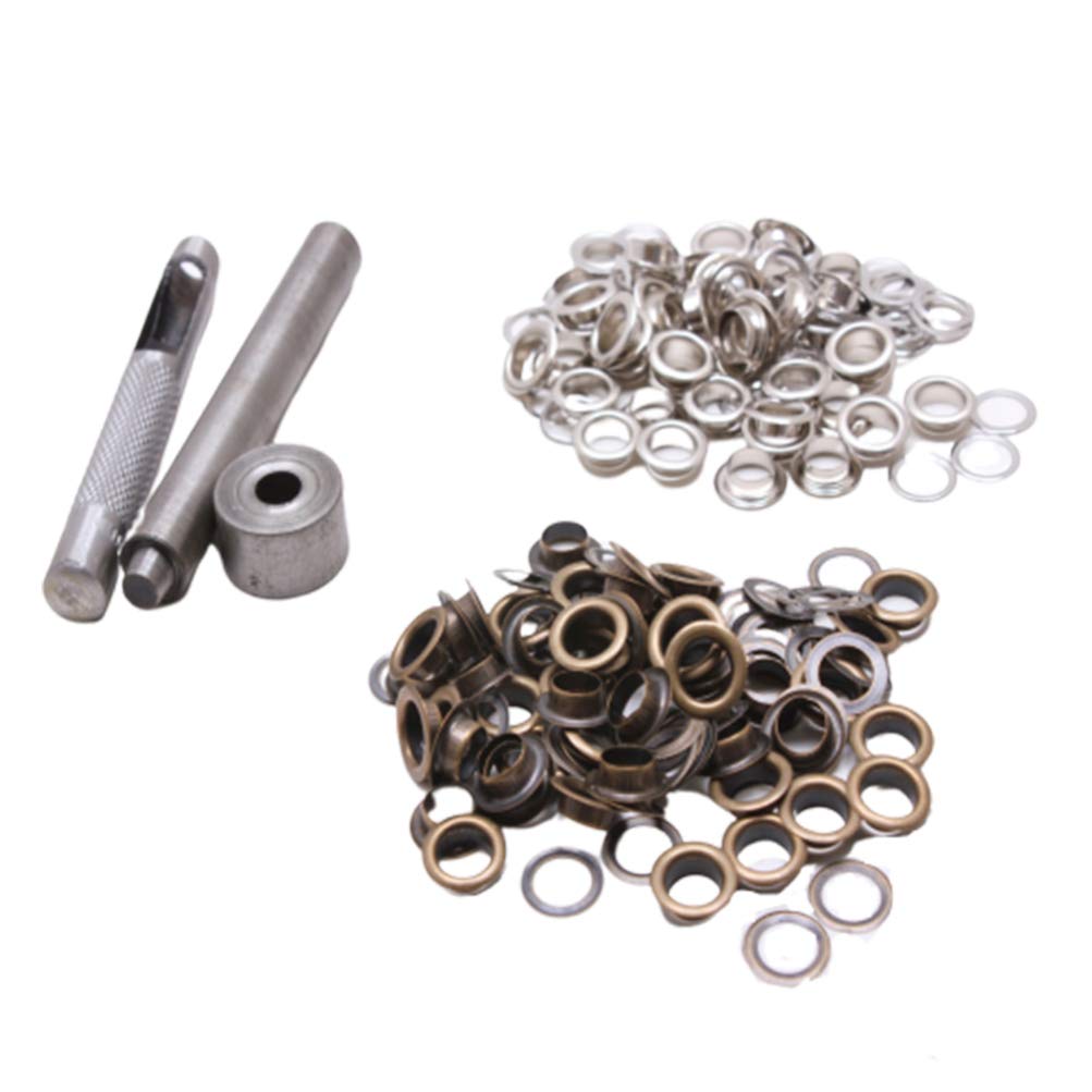 4MM Grommet Kit Eyelets with Install Tool for Leather Craft Canvas Clothes Shoes Bag Belts Repair Setting Tool 100 Sets Antique Brass+Silver