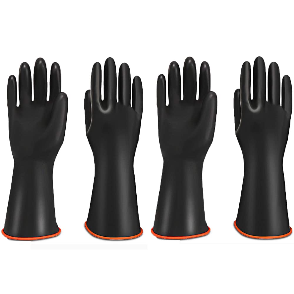 LINGHUANG Chemical Resistant Industrial Rubber Protective Gauntlets Gloves Resist Strong Acid 13.8inch,Smal Size,Black with Orange Lining (2 Pairs)