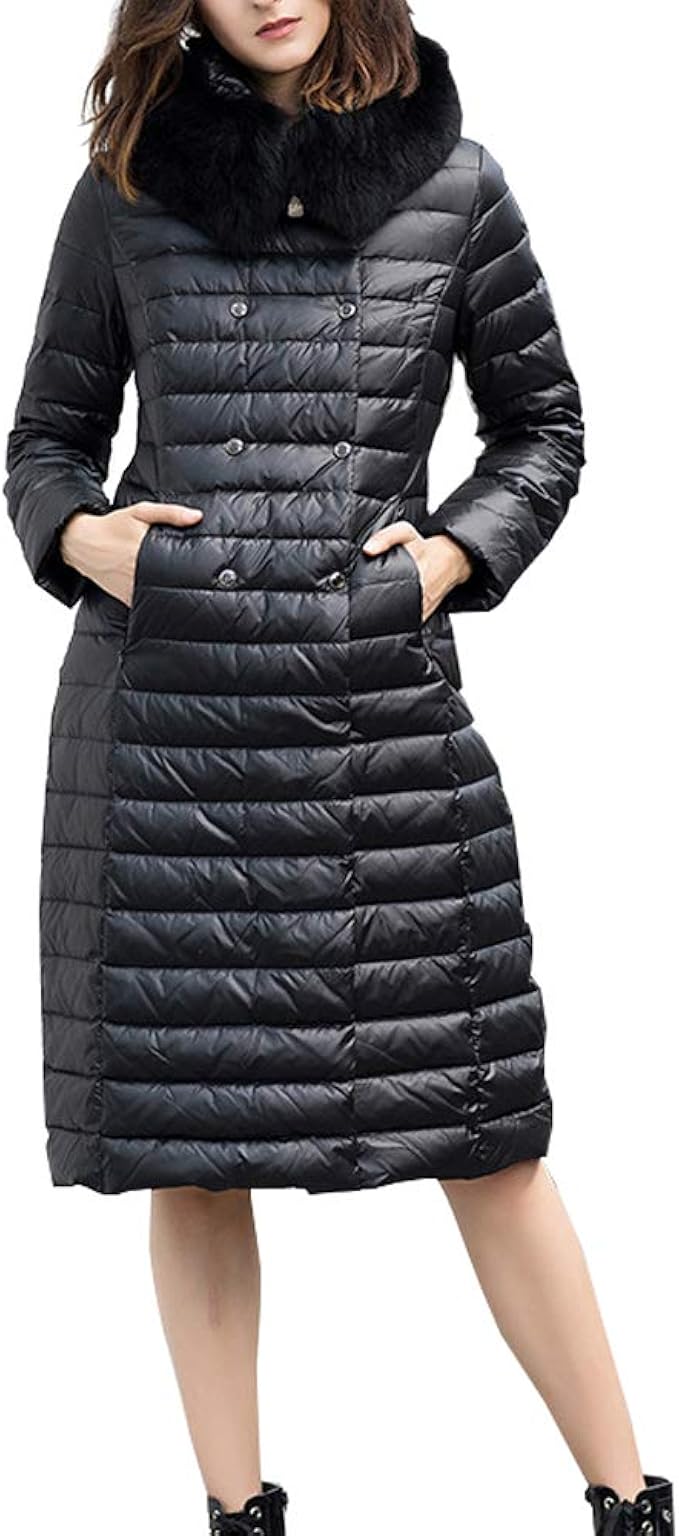 QUTYRE Women Full Length Down Coat, with Detachable Hood Trim, Slim Down Jacket Length Down Coat