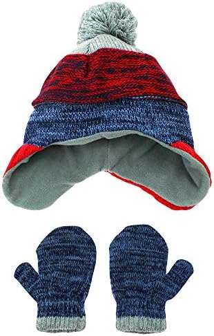 Nolan Infant Boys Blue Marl Knit Stripe Peruvian Warm Winter Hat and Mitten 12-24