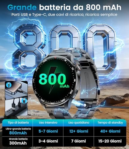 Smartwatch Uomo Militare, 800 mAh, Touchscreen HD 1.7", Luce LED, Funzione Telefono, Monitoraggio Cardiaco/Sonno, IP68, 110+ Modalità Sportive, Compatibile Android/iOS