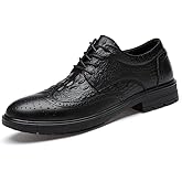 PUGHGAETZF Formal Shoes Dress Oxford For Men Lace Up Crocodile Brogue Embossed Wing Tip Almond Toe Leather Slip Resistant Block Heel Low Top Anti-slip Wedding