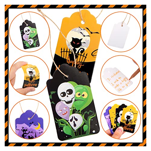 Koogel 120PCS Gift Tags, Halloween Paper Tags Bulk Halloween Theme Tags with Strings for Hanging Decoration Halloween Party Candy Bag