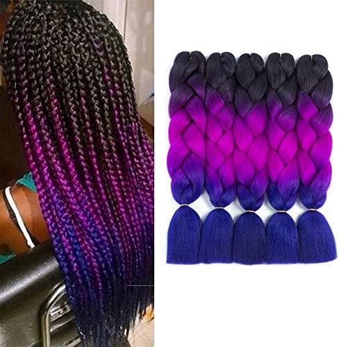 Jumbo Braid, 5pcs Ombre Jumbo Braiding Hair, Kanekalon Synthetic Braiding Hair Extensions, Jumbo Braids 24inch 5pcs/lot (Black purple blue)