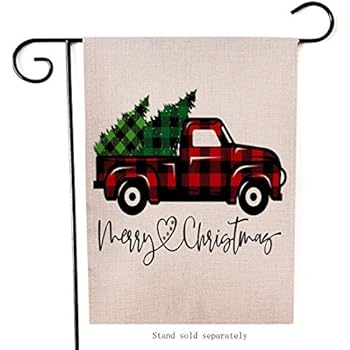 Artofy Merry Christmas Garden Flag, Decorative Xmas Outdoor Flag Sign with Buffalo Check Plaid Truck Red Black, Rustic Burlap House Yard Flag Winter Outside Decoration Holiday Home Decor Flag 12 x 18