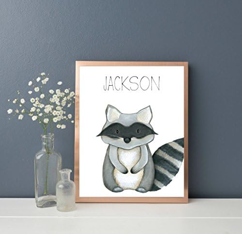Woodland Nursery Decor, Personalized Nursery Decor, Raccoon Print, Print only unframed, Different sizes available