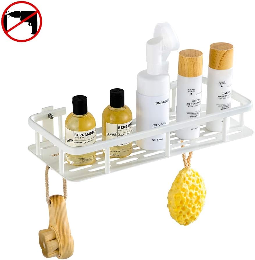 Hoomtaook Bathroom Shelf Shower Shelf Black No Drilling Shower Shelves with Towel Rail, Soap Dish and Hooks 4 in 1 Storage Organiser Aluminum Rustroof Basket