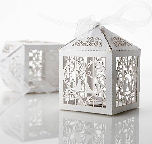 TStoy 50Pcs Heart Love Birds Party Wedding Bridal Shower Decoration Favor Candy Boxes with Ribbons (White)
