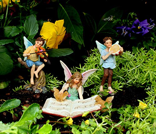 PRETMANNS Fairy Garden Fairies - Miniature Accessories - 2 Boy Fairies Playing Musical Instruments & Fairy Reading a Music Book - 3 Pieces - Thumbnail 2