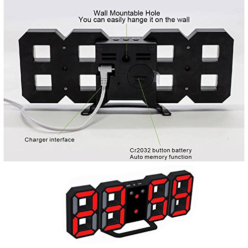LED Digital Alarm Clock For Desk / Shelf / Tabletop, Modern Home Decoration 3D Wall Clock, Easy To Read at Night, Loud Alarm and Snooze, Big Digit Display (Black Frame, Red Light) - Thumbnail 2