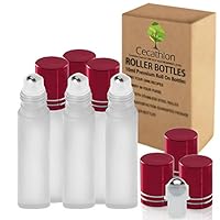 Cecathlon Empty Glass Aromatherapy Essential Oils Roller Bottles with Recipe eBook, 6-Pack, Frosted White/Red Lids