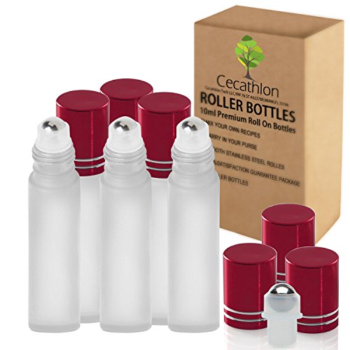 Cecathlon Empty Glass Aromatherapy Essential Oils Roller Bottles with Recipe eBook, 6-Pack, Frosted White/Red Lids
