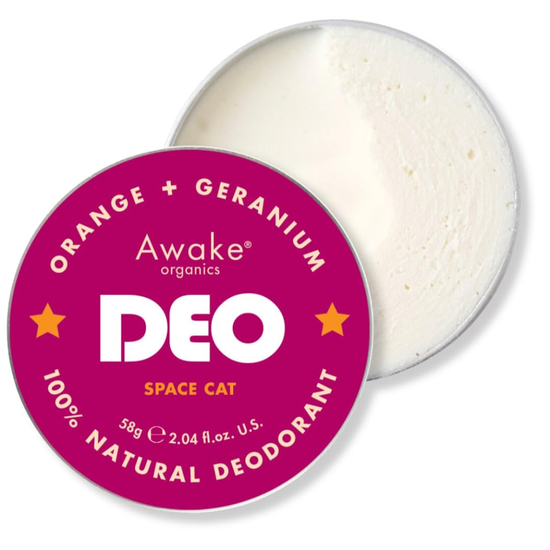 Awake Organics DEO - Natural Plastic Free Deodorant Balm - Space Cat - Orange & Geranium - Aluminium Free - Bicarb Free - Vegan - Made in England - 58g