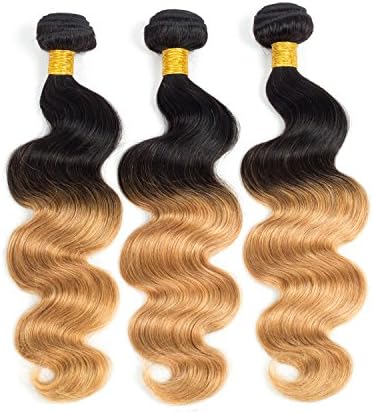 Brazilian Hair Body Weave 3 Bundles Human Hair Extensions Two Tone Color (1B/27) Natural Black to Cameral Blonde Brazilian Body Wave Hair Weft Weave 100% Remy Human Hair #1B/27 (10 12 14)
