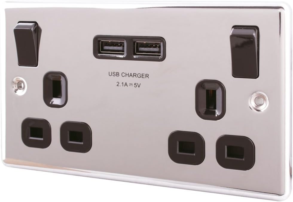 LAP 13A 2Gang Switched Socket & USB Charger Port Polished Chrome