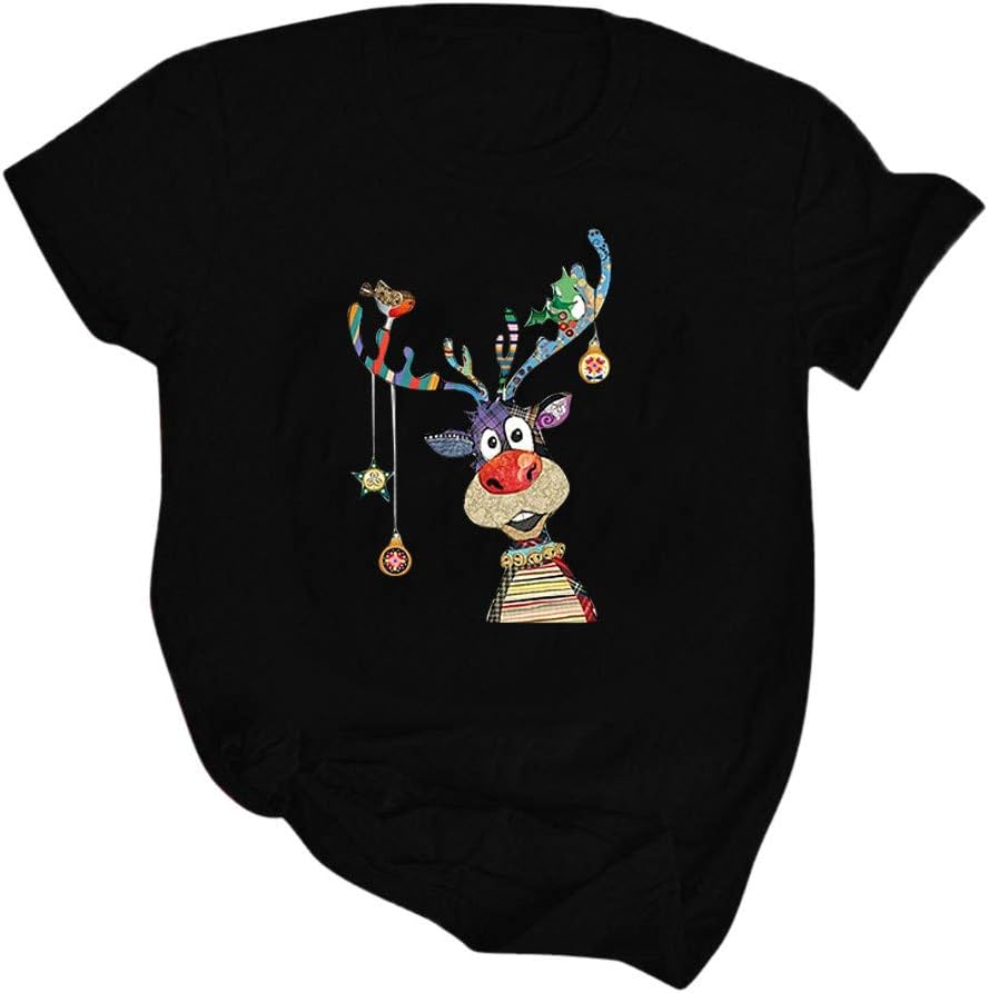 Women Tops,Christmas Print Bottoming Shirt,Funny Xmas Cartoon O Neck Short Sleeve T-shirt,Ladies Plus Size Basic Style Casual Blouse,Summer Winter Tee for Women Girls (Black,S)