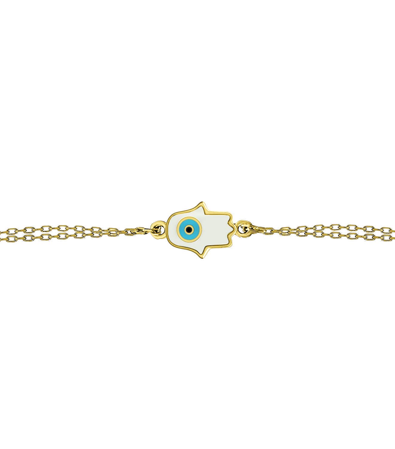 MYSTIC JEWELS By Dalia – Enamel Bracelet Fatima Hand and Turkish Eye – Double Chain – 925 Sterling Silver – Minimalist (Gold Plated)