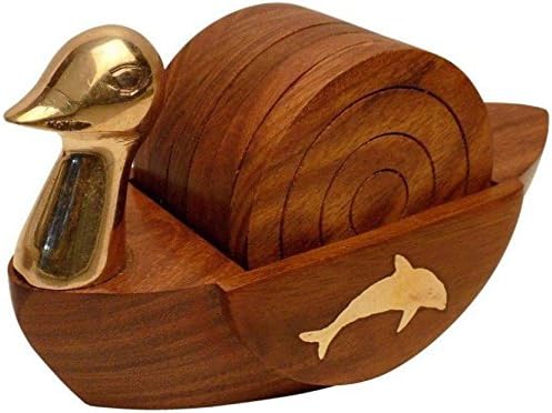 RGrandsons Wooden Tea Coaster Set of 6, Round Handicraft with Brass Decor Duck Shaped