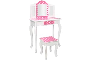 Kcelarec Kids Vanity Table and Chair Set with Mirror, Makeup Dressing Table with Drawer,Wooden Princess Makeup Table with Stool (Pink Dots)