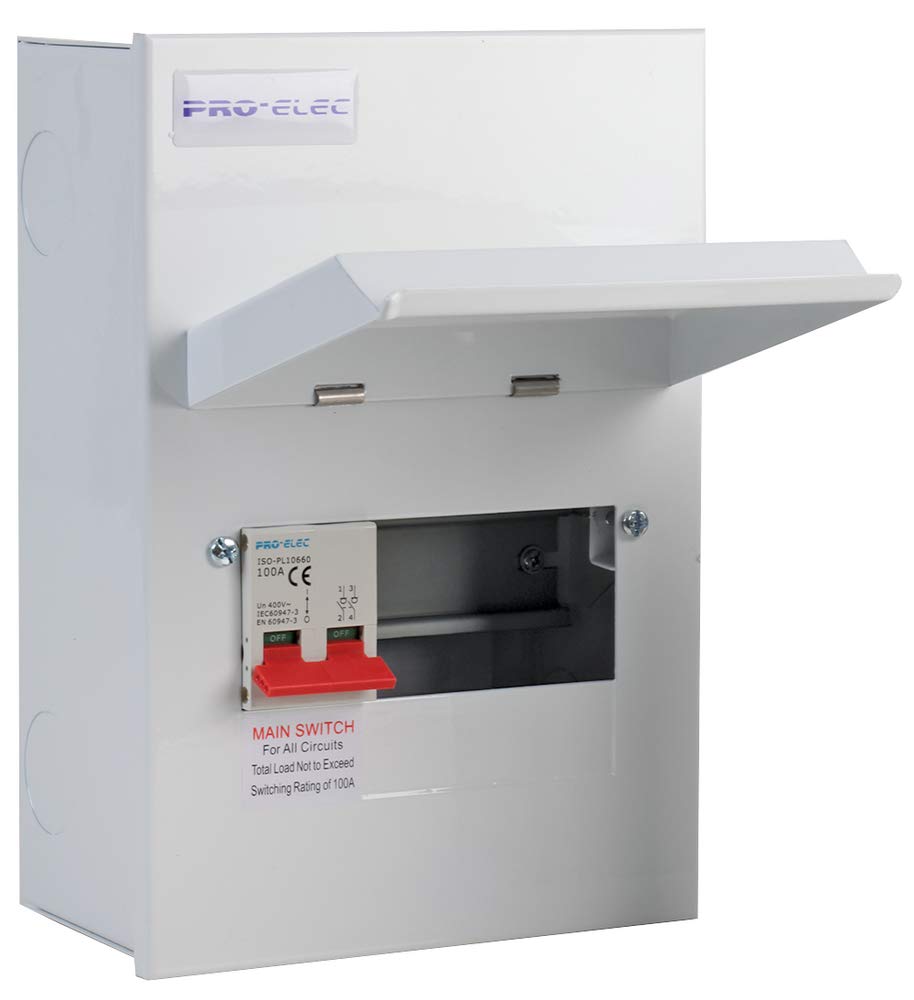 PRO ELEC 6 Way Metal Consumer Unit – 100A Main Switch, 6 Circuits | All-Metal Enclosure, Top Hinged Cover, Domestic Electrical Distribution, Busbar Included – PEL00430