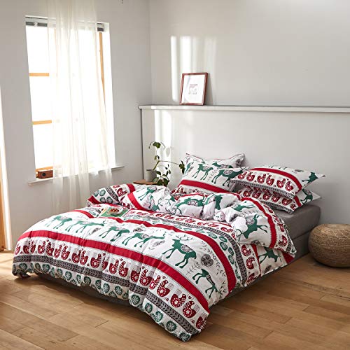 Uozzi Bedding King Duvet Cover Set Christmas Deer with Snowflake Red and Green Style 800 - TC Luxury Hypoallergenic 1 Microfiber Comforter Cover with 2 Pillow Shams for Holiday New Year Gift Choice - Thumbnail 3
