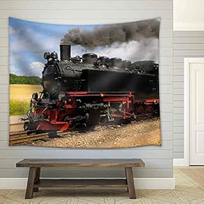Steam Train with Black Smoke Running on Island Rugen, Northern Germany - Fabric Wall Tapestry Home Decor - 51x60 inches