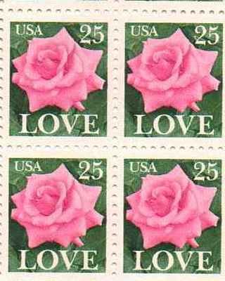 LOVE Pink Rose Set of 4 x 25 Cent US Postage Stamps NEW Scot 2378