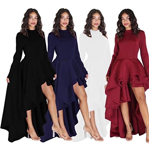 Long Sleeve Swing Dress,Women Solid Irregular Ruffle High Low Hem Maxi Dresses (L, Black)