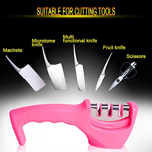 LetGoShop Kitchen Knife Sharpener for Straight and Serrated Knives, 3 Stage Diamond Coated Sharpening Wheel System, Pink…