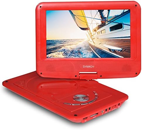 SYNAGY 9" Portable DVD Player CD Player with Swivel Screen, Rechargeable Battery, USB/SD Card Reader, AC/DC Adapter (Red)