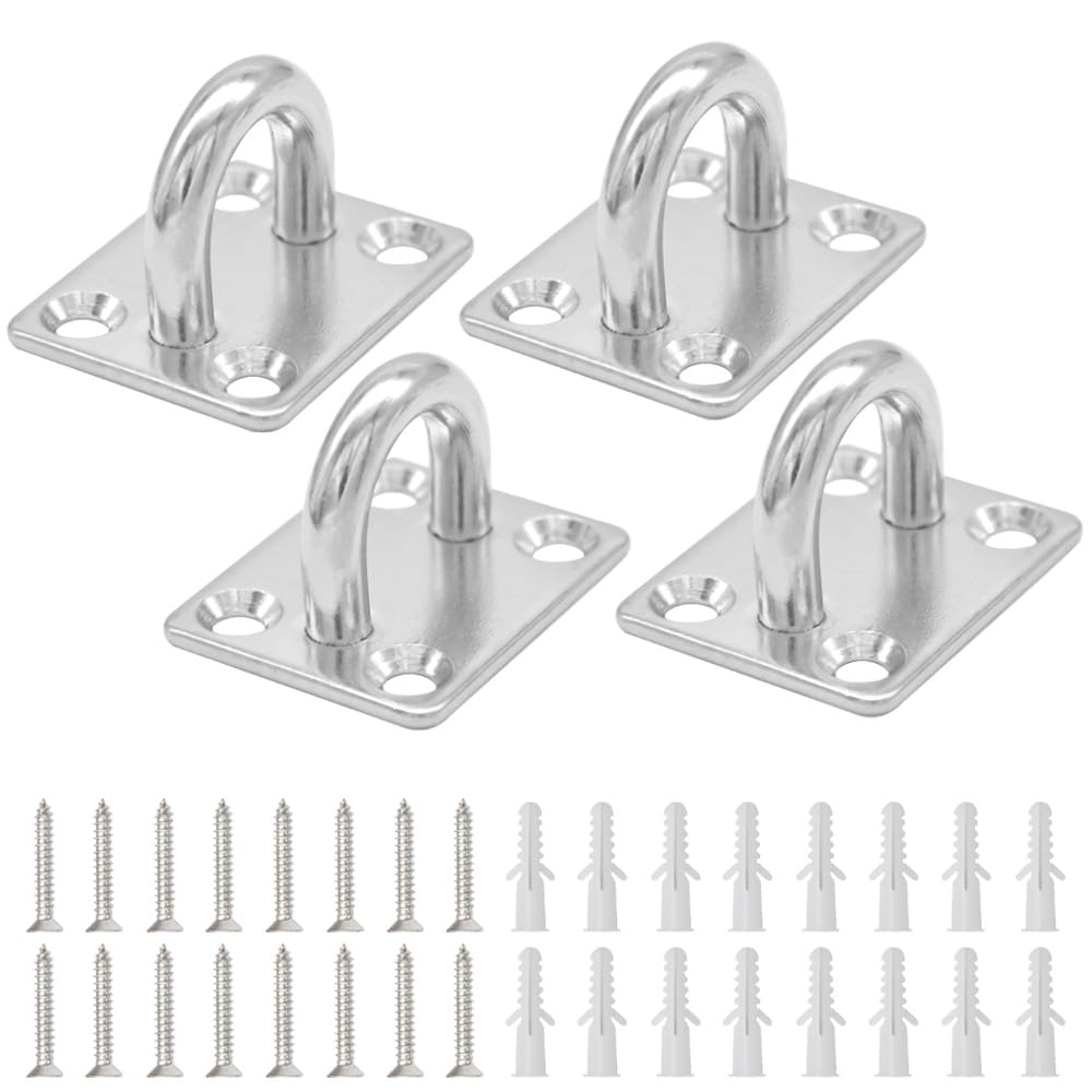 CEEYSEE 4Pcs Pad Eye Plate Hooks/Loops M8 304 Stainless Steel Suspension Ceiling Hook Staple Wall Ceiling Hammock Hooks Hanger for Wall Ceiling Hanging,with Screws (U/M8/FXG)