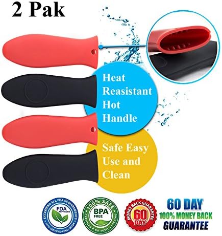 Pothholder Silicone Hot Handle Holder Set by Safehand - Strong Heat Resistant, Non Stick, Easy Clean - For Cast Iron Skillets, Pans, Griddles. TWO PIECES (Red &amp; Black)