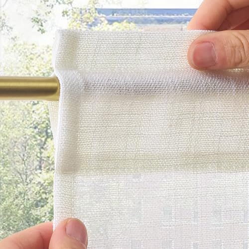 TOPICK Kitchen Curtains with Rod Pocket Bistro Rod Pocket for Living Room Translucent Modern Farmhouse Country Style with Tunnel Linen White Set of 2 65 x 90 cm