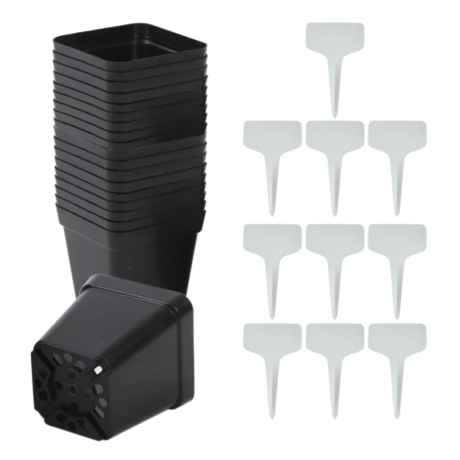 NINVVS 50pcs Square Plant Pots and 10pcs Plant Labels, Plastic Seedling Pots, Gardening Pots, Plant Containers with Drainage Holes for Planting Seedlings, Vegetables and Flowers (Black)