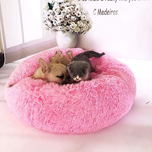 Pet Bed Fluffy Luxe Soft Plush Round Cat and Dog Bed, Donut Cat and Dog Cushion Bed, Self-Warming and Improved Sleep, Orthopedic Relief Shag Faux Fur Bed Cushion (Pink, 27.6 inch)