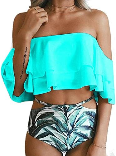 Pestok Women's Printed Bikini Set Swimsuits High Waist Swimwear Two Piece Ruffled Off-shoulder Bathing Suits (XX-Large, Blue)