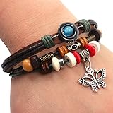 Kingfansion Butterfly Braided Wooden Bead Wrist Bracelet Leather Jewelry