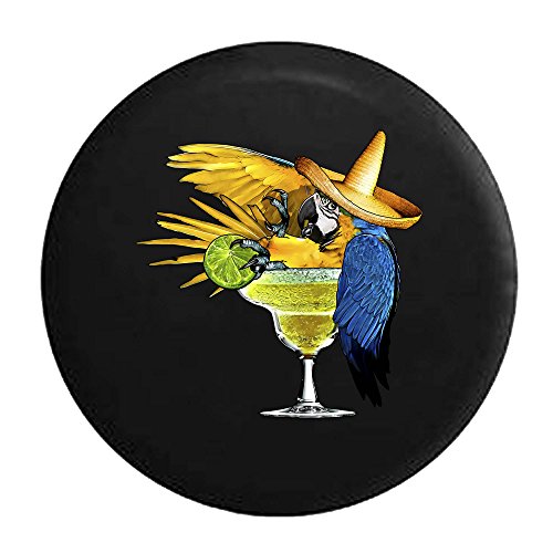 Parrot in Margarita Glass Tropical Beach Vacation Tire Cover Black 32 in