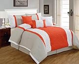 7 Pieces Luxury Coral Orange, Grey and White Quilted Linen Comforter Set / Bed-in-a-bag California King Size Bedding