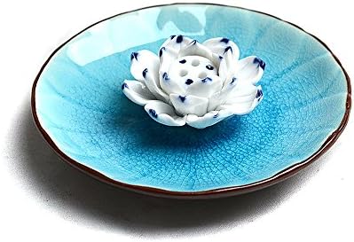 HJXL 5-Inch Handmade Ceramic Lotus Incense Holder and Burner, Ice Crack Sky Blue Tang Dynasty Style