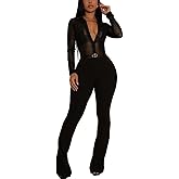 REASERAL Womens Sexy Jumpsuit Long Sleeve Mesh Lapel Shirts Top Flared Pants Sexy Club Party Jumpsuit