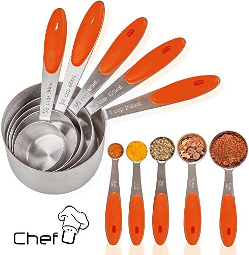 Chef U Measuring Cups and Spoons - Set of 10 Pieces - Premium Quality - Sturdy Build, Lightweight, Rust Proof - Engraved Measurements, Food Grade Silicone Grip - Can be Nested and Stacked (Orange)