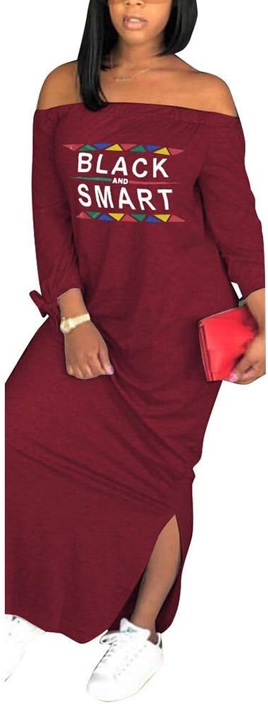 Womens Casual Maxi Dress - Loose Letter Print Off Shoulder Long Sleeve Side Slit Long T Shirt Dress Party Clubwear