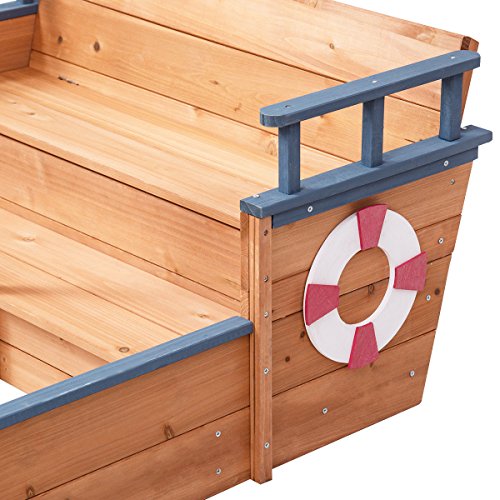 Costzon Pirate Boat Wood Sandbox for Kids with Bench Seat and Flag, Pirate Sandboat